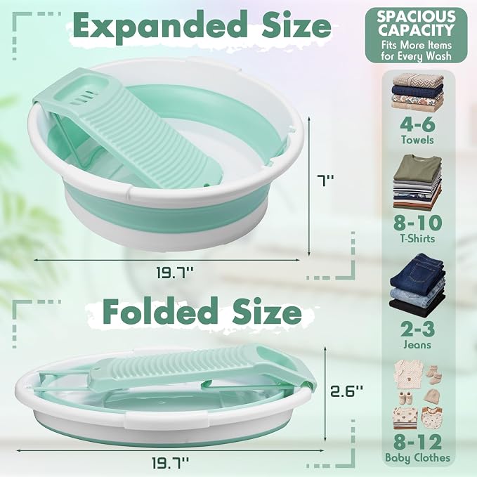 Lounsweer Large Collapsible Washboard Basin for Hand Washing Clothes with 2 Cleaning Brushes Portable Folding Laundry Tub with Non-Slip Washtub for Home Travel Camping(Green)