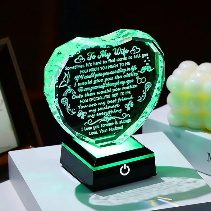 Arikyrist Gifts for Wife Mothers Day Heart Crystal Keepsakes to My Wife with Colorful Base Anniversary Birthday Gifts for Wife from Husband