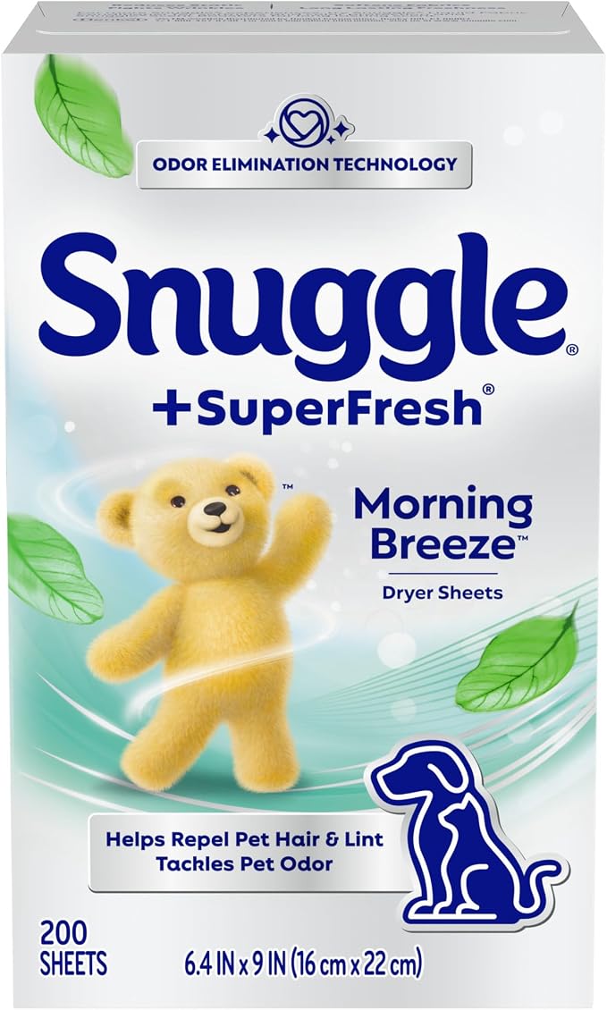 Snuggle SuperFresh Fabric Softener Dryer Sheets, 200 Count, Morning Breeze, Long-Lasting Fresh & Clean Scent, Tackles Pet Odor, Helps Repel Pet Hair, Reduces Static & Fights Wrinkles, HE Safe