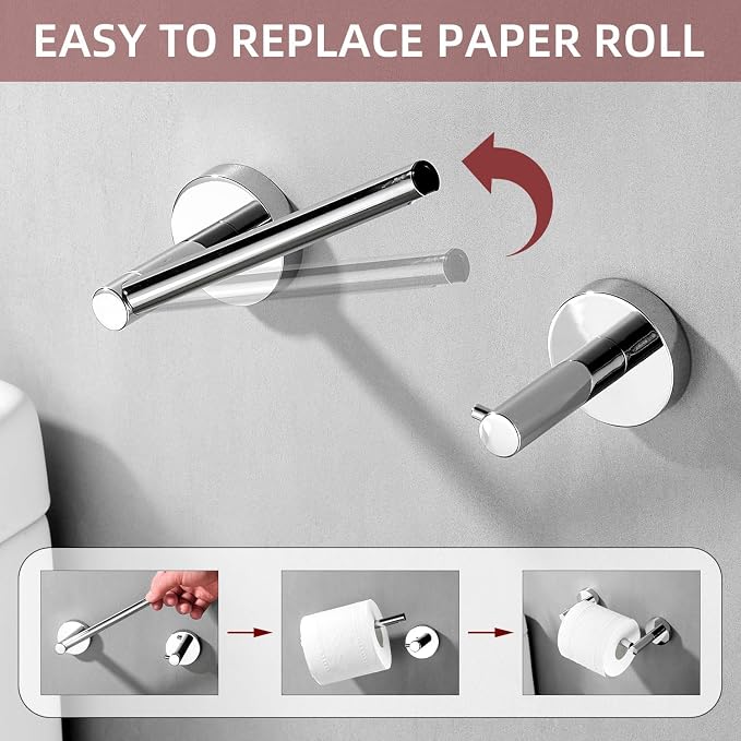 Chrome Bathroom Hardware, Polished Silver Toilet Paper Holder Towel Ring Robe Hook Wall Mount Hand Towel Holder Set Tissue Roll Holder with Double Post Accessories SUS304 Stainless Steel 3pc