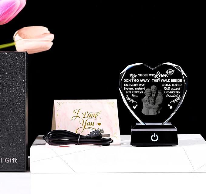ZHSHWAT Personalized Photo Heart-Shaped Crystal Memorial Night Light - Sympathy Gift for Loss of Loved One, Bereavement Remembrance Decor for Desk, Nightstand, Funeral