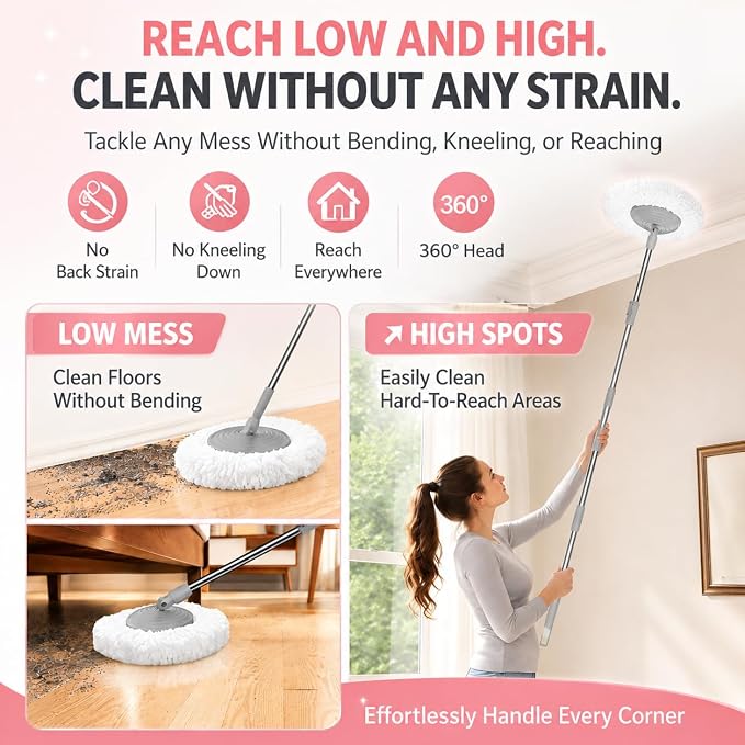 RinseWise Easy-Use Gen 2 Spin Mop and Bucket for Pet & Family Homes, Shower-Style Rinse, Clean & Dirty Water Separation, 1.5 Gal Clean Water Capacity, 4 Swivel Wheels, 61" Handle, 6 Mop Heads - Pink