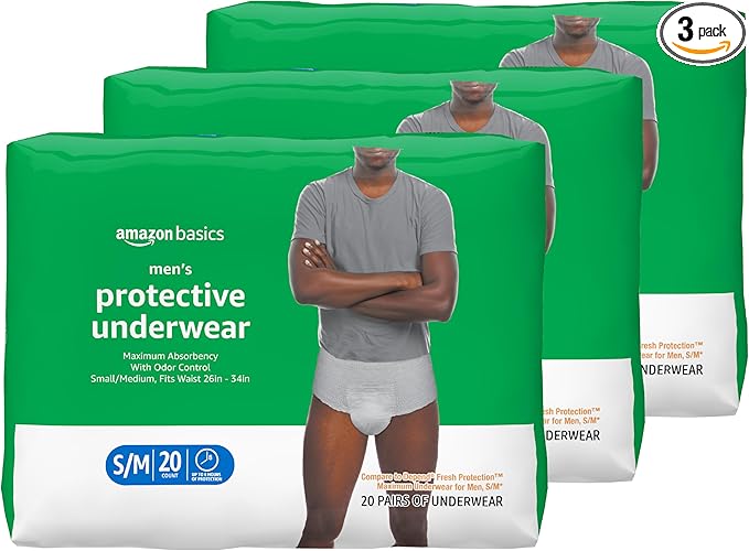 Amazon Basics Maximum Absorbency Incontinence Underwear for Men with Leak Protection and Odor Control, Disposable, Small/Medium, 60 Count (3 Packs of 20)