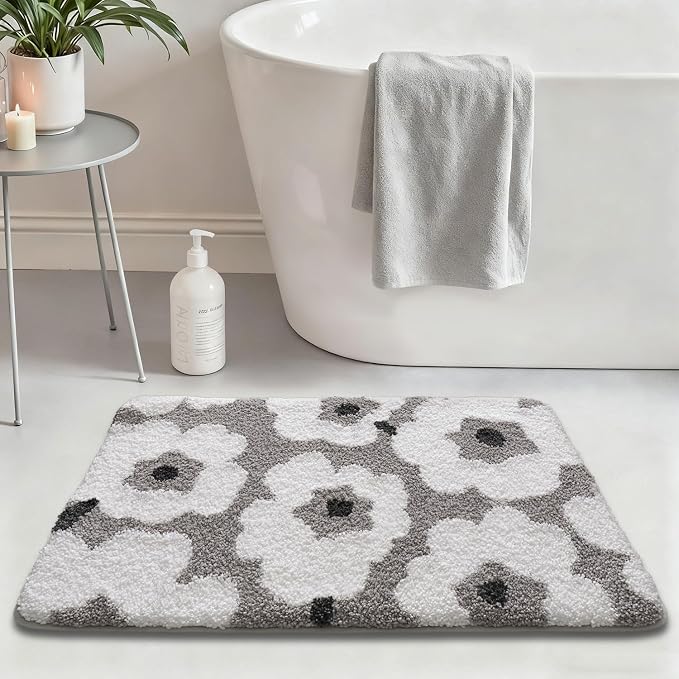 LUMI Bathroom Rugs Cute Floral Design, Soft Absorbent Microfiber Bath Mat Non-Slip, Machine Washable Quick Dry Grey Luxury Rug Flower for Floor, Bathtub, Home Decor, 24"x43"