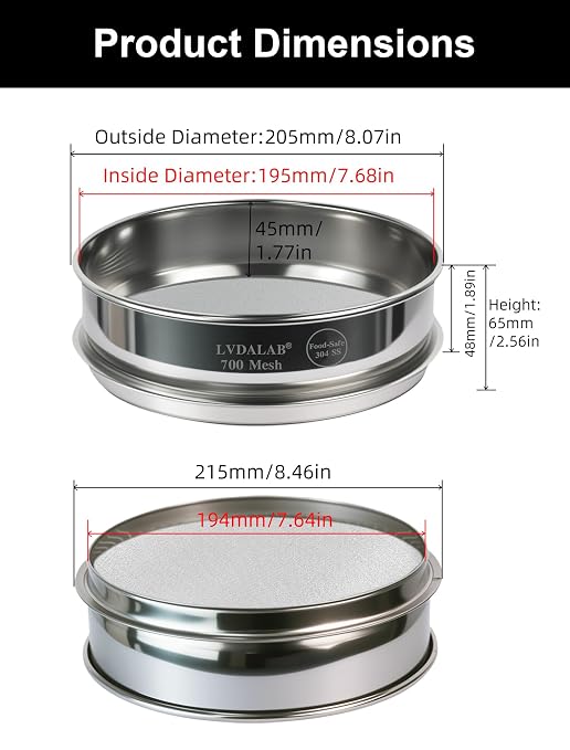 All 304 Stainless Steel 700 Mesh Test Sieve (0.020mm Aperture), 8 Inch/20cm Diameter, Ultra Fine Micron Filter, Lab Analysis Screen for Superfine Powder Separation