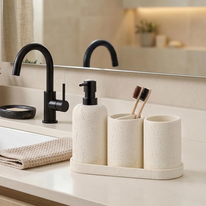 Bathroom Accessories Set,4 PCS Travertine Stone Look Collection,Cream | Modern Bath Organizer with 13.53 OZ Soap Dispenser, Toothbrush Holder, Tumbler, Vanity Tray for Countertop Kitchen Sink