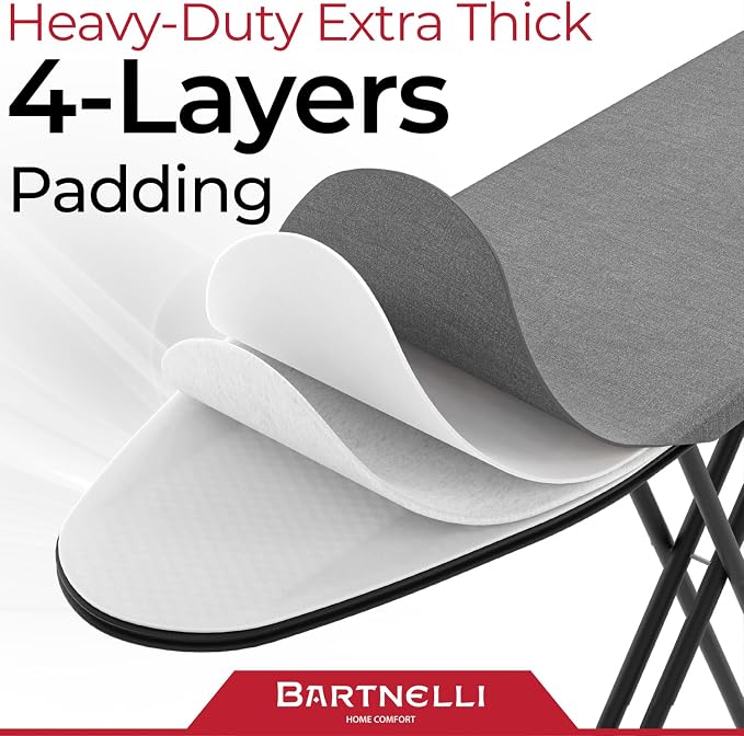 Bartnelli by Rorets Ironing Board Made in Europe | Iron Board with 4 Layered Cover & Pad, Height Adjustable up to 36" Features A Safety Iron Rest, 4 Steel Legs, for Laundry Room or Dorm Use (43x13)