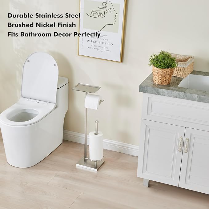 Toilet Paper Holder with Tray at The Top, Heavy-Weighted Stainless Steel Base No Wobbly, Freestanding Toilet Paper Rolls Stand, Hold Extra 3 Paper Rolls On The Base (Brushed Nickel)