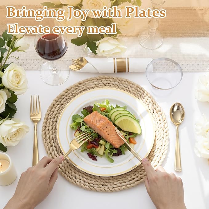 WDF Partyware 350Piece Gold Dinnerware Set for 50 Guests - Gold Plastic Plates with Disposable Cutlery - 50Dinner Plates-50Dessert Plates-50Pre Rolled Napkins with Silverware for Wedding/Birthday