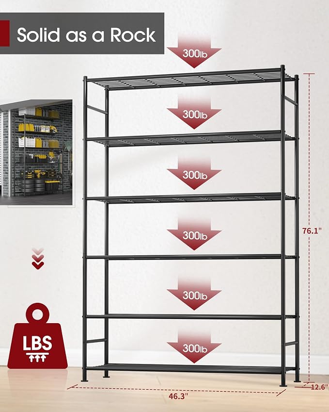 Sakugi Storage Shelves - 6 Tier Shelf Organizer, Heavy Duty Garage Shelving Unit with Leveling Feet, Stable Metal Shelves Organizer for Pantry, Kitchen and Closet, 46.3" W x 12.6" D x 76.1" H, Black