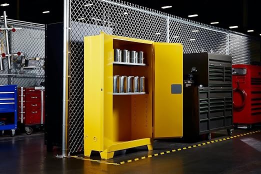 Jamco 45 Gallon Steel Flammable Safety Cabinet, Manual Doors, Yellow | Forkliftable 18-Ga, Safety Cabinet, 2 Adjustable Shelves, 43"Wx18"Dx70"H, Lockable Manual-Close Doors, Osha & Fm Certified