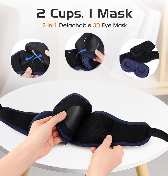 Bluetooth Sleep Mask with 2 Removable 3D Contoured Cup, Bamboo Cotton Sleeping Headphones for Side Sleepers with Timming Setting, Blackout Eye Mask for Sleeping Travel Meditation Men Women(Navy Blue)