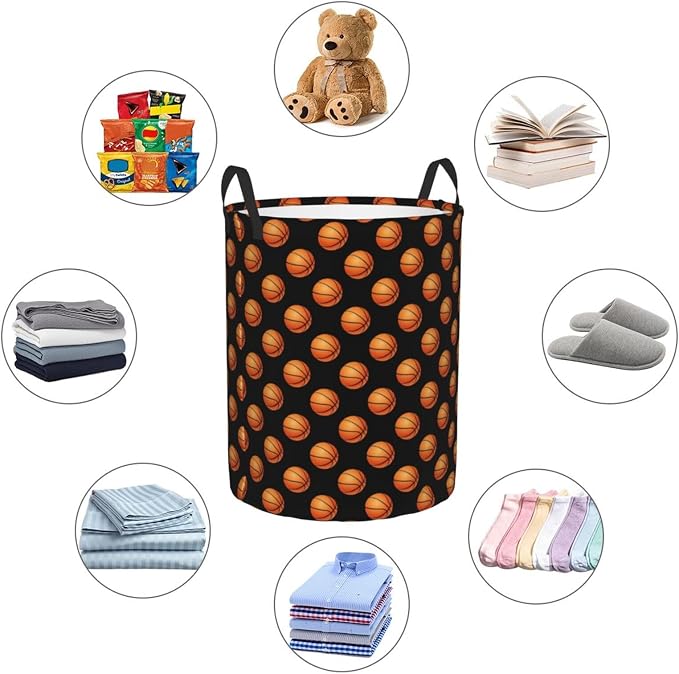 Fun Bblack Basketball Laundry Hamper Laundry Basket Circular Hamper Dirty Clothes Storage with Handles