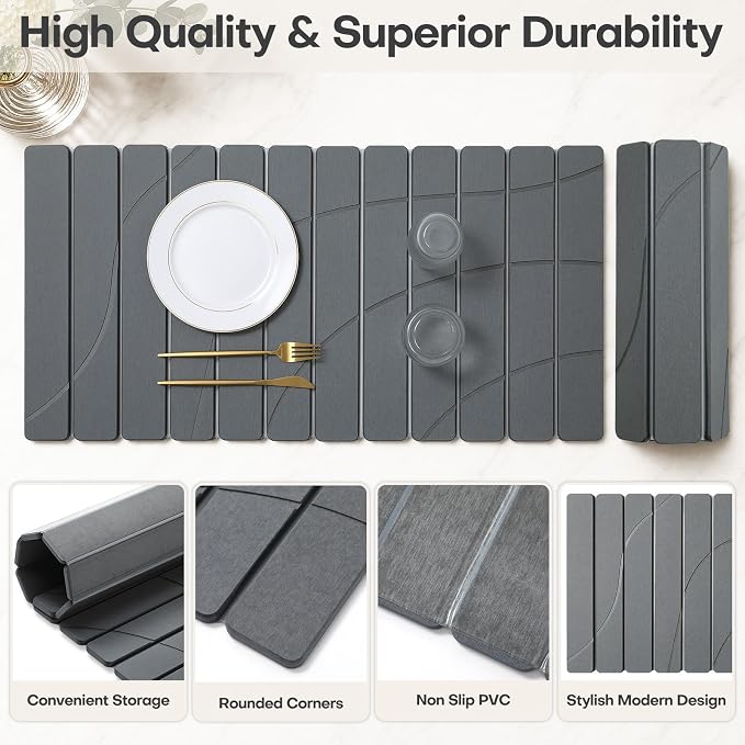 Extra Large Stone Dish Drying Mat for Kitchen Counter, Quick Dry Stone Dish Mats, Foldable Water Absorbing Diatomaceous Drying Pad for Countertop Bottles Utensils Bathroom (Flow Line Gray 32"x16")