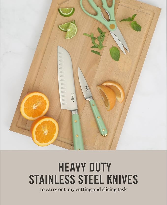 Martha Stewart 16-Piece Lockton High Carbon Stainless Steel Knife Block Set - Forged Full Tang Chef Knives, Acacia Wood Block, Triple Riveted Handles, Sage Green & Gold