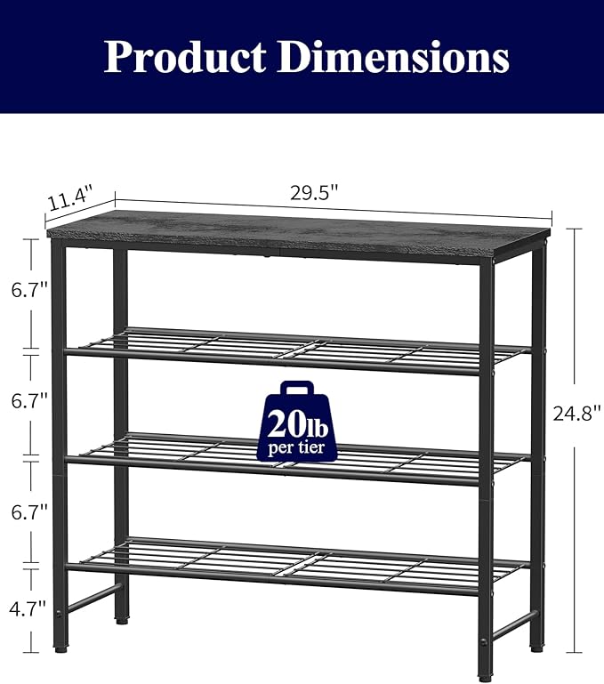 Kitsure Shoe Rack for Closet, Shoe Organizer with Leveling Feet, Sturdy & Rust-Proof Shoe Storage for Entryway, Bedroom, Living Room, 29.5" x 11.4" x 24.8", Black