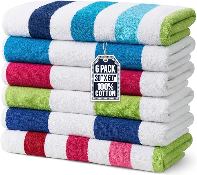 Ben Kaufman Terry Cabana Striped Towels - Oversized Towel for Beach & Pool - Soft Cotton Towels with Absorbent Design - Striped Beach & Pool Towels for Adults & Kids - 6 Pack