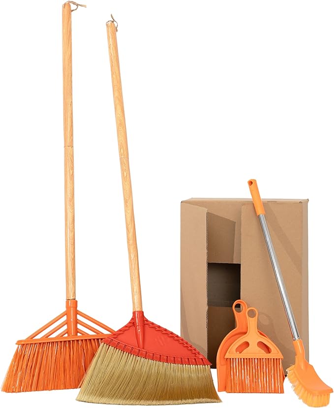 Bathroom Cleaning Broom Set, 4-Piece Broom and Dustpan Set with Long & Short Handle Brooms – Stiff Floor Broom, Angle Broom & Toilet Scrub Brush – Cleaning Tools for Bathroom & Kitchen