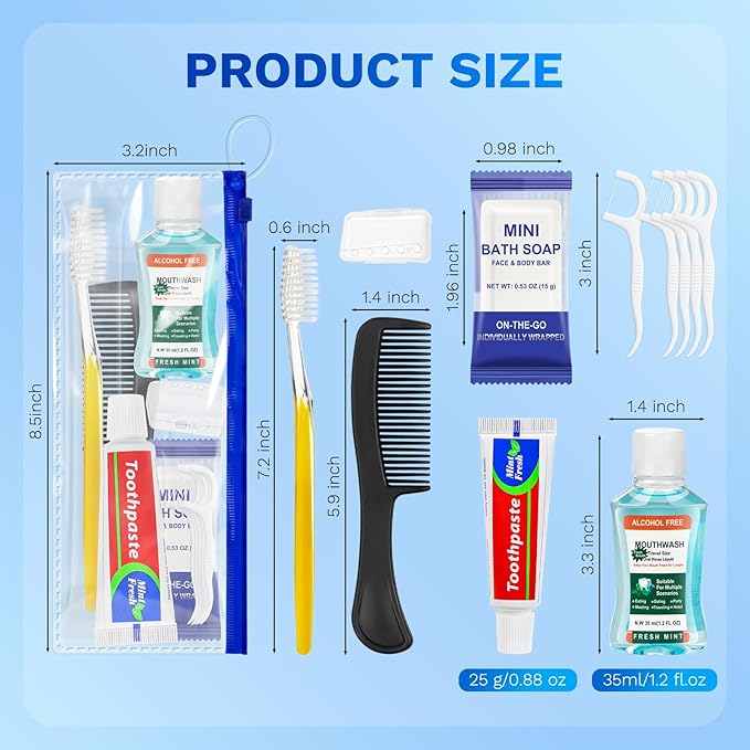 Personal Hygiene Kit Bulk Pack of 30,Yellow Basic Travel Toiletry Set Disposable Toothbrushes with Toothpaste Mouthwash Floss Comb Cover and Zip Bag for Homeless,Charity,Guests