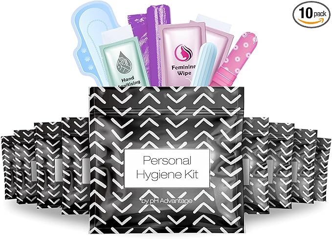 Menstrual Kit All-in-One 10 Pack | Convenience on The Go | Period Kit Pack for Travelling, Tweens & Teenager | Individually Wrapped Feminine Hygiene Product (Black Treads)
