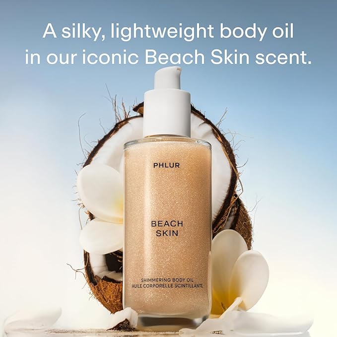 PHLUR Beach Skin Shimmering Body Oil, 4 Fl Oz – Coconut, Vanilla & Sandalwood Scented Body Oil for Women & Men, Hydrating Moisturizing After Shower Oil with Subtle Glow & Skin Musk Finish