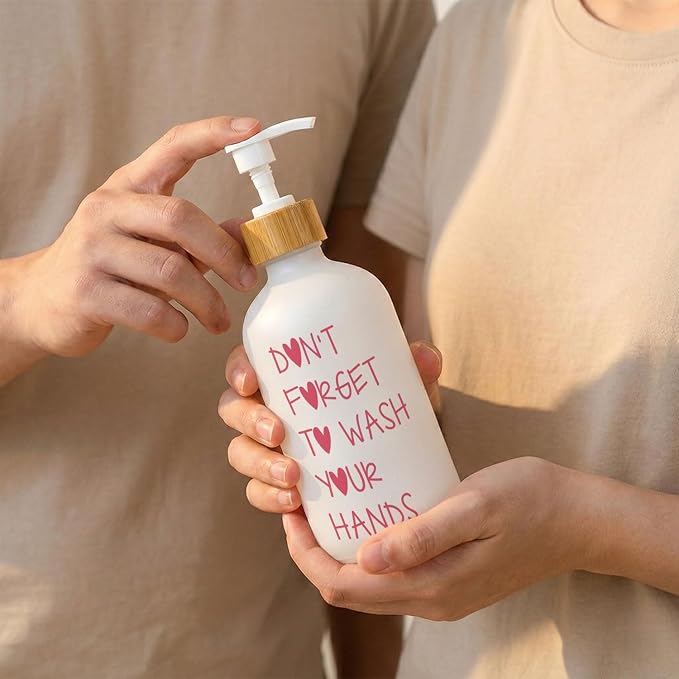 Pink Kids Bathroom Soap Dispenser, Wash Your Hands Glass Dish Soap Dispenser, Trendy Pink Refillable Handsoap Pump Bottle for Teen Girls Bathroom Washroom Countertop