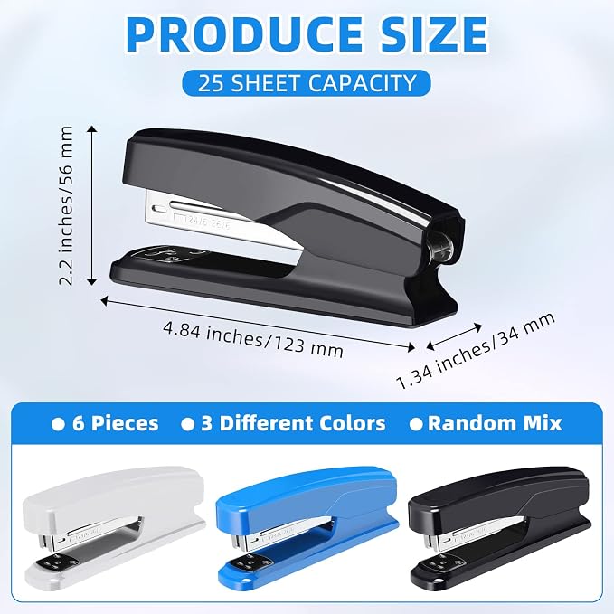 Desktop Stapler School College Office Supplies Portable Durable Staplers for Desk Accessories Heavy Duty Stapler with 25 Sheet Capacity for Home Classroom Office Teacher (Black, Blue, Gray, 6 Pcs)