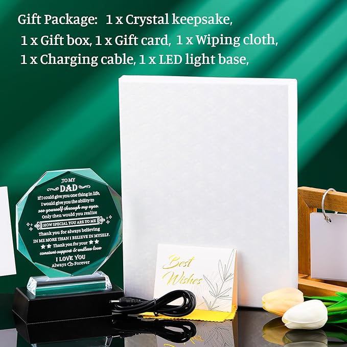 Movdyka Gifts for Dad Christmas, Crystal Keepsakes with LED Base, Birthday Gift Ideas to My Dads from Daughter Son Best Presents for Father on Valentine's Day Thanksgiving Fathers Day