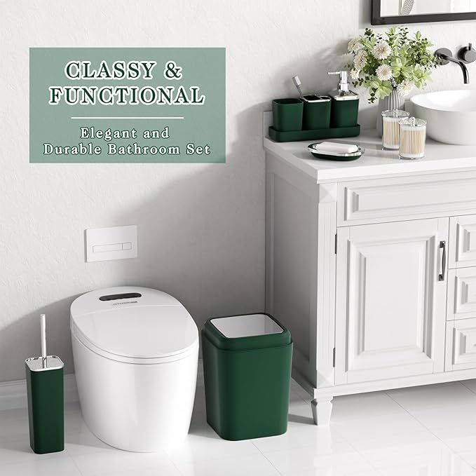 XLHOMO Dark Green Bathroom Accessories Set with Shower Curtain and No-Slip Bath Rugs,24PC Bath Sets with Trash Can, Toothbrush Holder, Cup, Soap Dispenser, Tray, Soap Dish, Toilet Brush, Qtip Holders