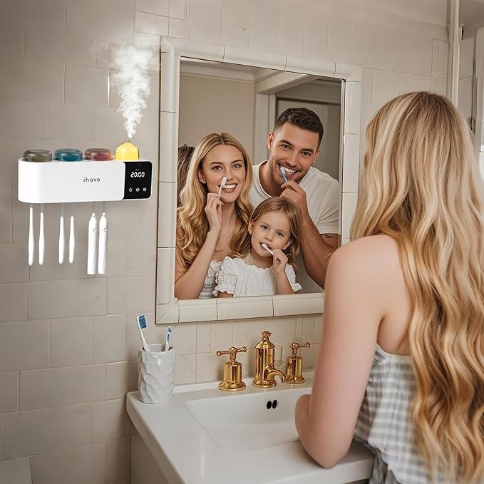 iHave Toothbrush Holders Wall Mounted with Toothbrush Sanitizer &Aromatherapy Diffuser Auto-Cycle Disinfection, Heated Fan Drying, USB Rechargeable, IR Night Light, LED - 3 Cups Bathroom Organizer