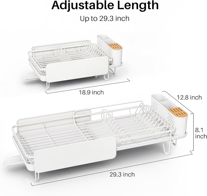 SNTD Dish Drying Rack - Large Dish Racks for Kitchen Counter, Expandable Dish Drainers with Cutlery Holder Stainless Steel Rustproof (White)