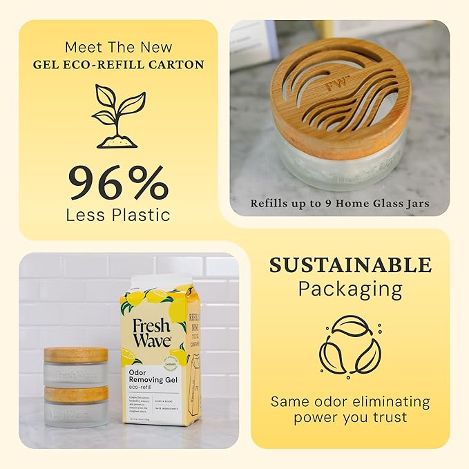 Fresh Wave Odor Removing Gel Eco-Refill, 63 oz. Lemon Scent | 2 Empty Refillable Glass Jars | 2 Room Set