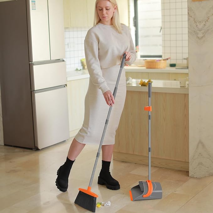 Ivandar Broom and Dustpan Set for Home, Broom and Dustpan Combo for Office, Long Handle Broom with Upright Standing Dust pan,Indoor&Outdoor Sweeping (Gray&Orange)