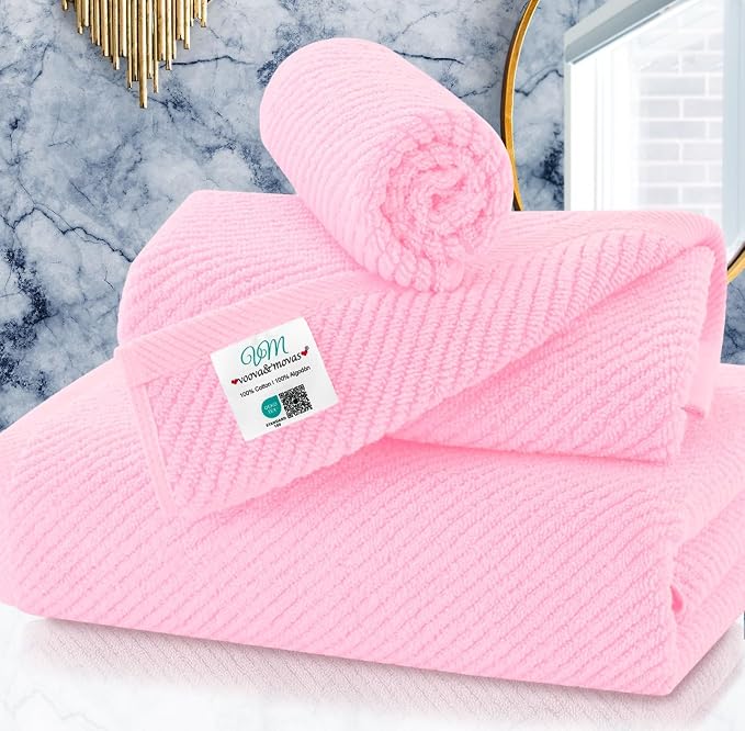 VOOVA & MOVAS 3PC Towel Set, 100% Cotton, Pink | 1 Large Bath 30x56 In, 1 Hand 18x28 In, 1 Washcloth 13x13 In, Quick Dry, Thick, Bathroom Essentials