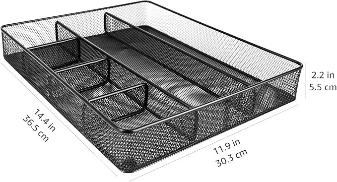 Amazon Basics Mesh Desk Drawer Organizer with 6 Compartments, Non-Slip Office Supplies Storage for Pens and Accessories, Black | Pack of 4
