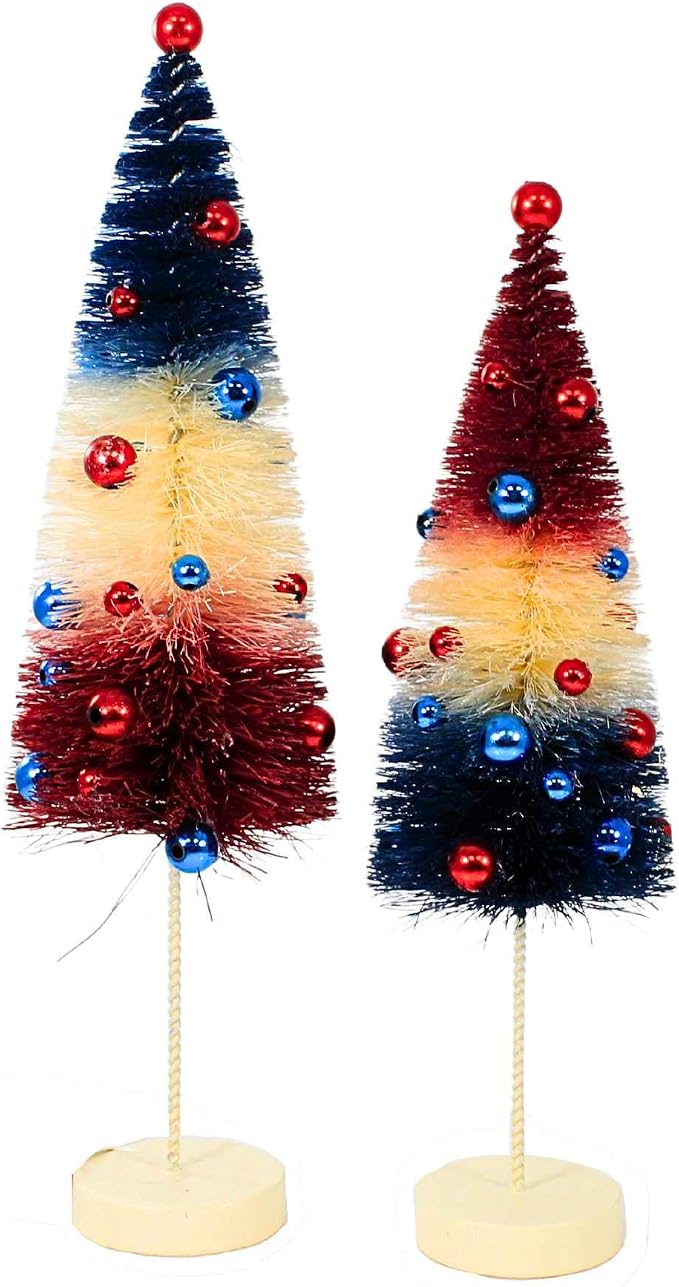 Bethany Lowe Americana USA 9.5" & 11" Bottle Brush Tree with Ornaments - Set of 2