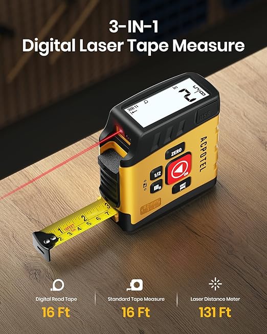 3-in-1 Digital Tape Measure with Laser, 165Ft Laser Tape Measure & 16Ft Digital Measuring Tape, 8 Metric and Imperial Units, Distance Area Volume 1/2 midpoint, Laser Measure Tool, Almighty Tools