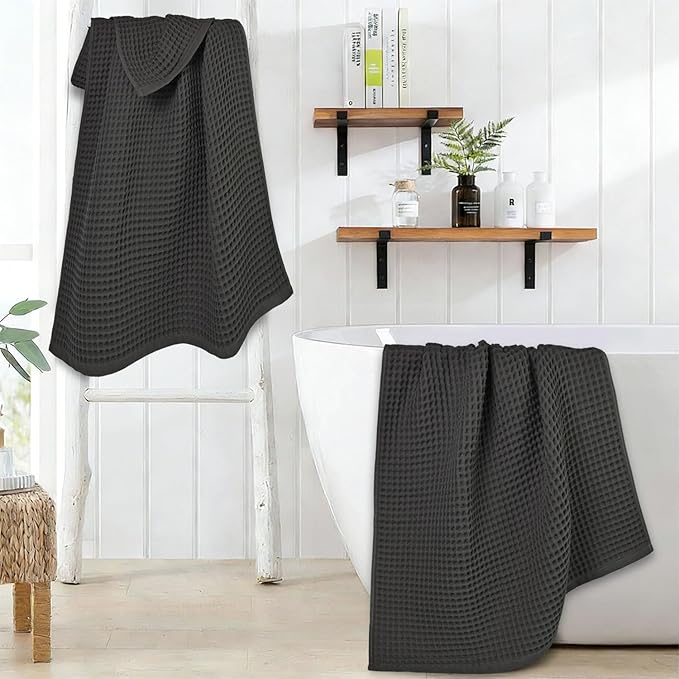 Jacquotha Waffle Bath Towels 2-Piece (Dark Grey) - Cotton, Soft, Quick Dry | 31” x 62” Large Bath Towel for Bathroom, Shower, Spa