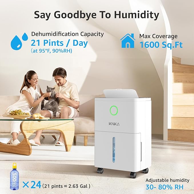 KNKA 1600 sq.ft Dehumidifiers for Basement, 21 Pint Dehumidifiers for Home with Drain Hose, Continuous Drainage, Washable Filter, Intelligent Humidistat for Bedroom, Bathroom, Large Home