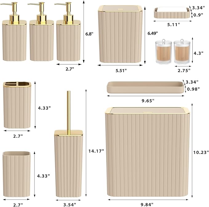 Bathroom Accessory Set - Bathroom Set, 12PC Bathroom Accessories Set, Beige Bathroom Accessories Set, Mini Trash Can, Toilet Brush, Trash Can & Soap Dispenser