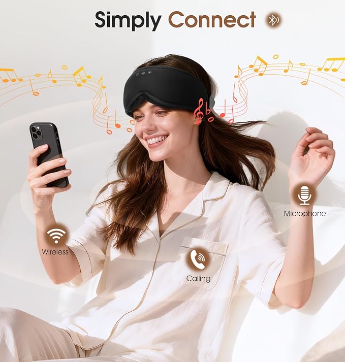 Bamboo Cotton Bluetooth Sleep Mask, 2 in 1 3D Soft Sleep Mask with Sleep Headphones, Sleep Eye Mask with Timming Setting, Blackout Sleeping Mask for Side Sleepers, Women Men, Black (Black)