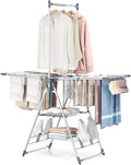 APEXCHASER Clothes Drying Rack with High Hanger, Foldable 3-Level Drying Racks with Shoe Rack, Crossbar and Vertical Rod Laundry Stand with Adjustable Wings Grey