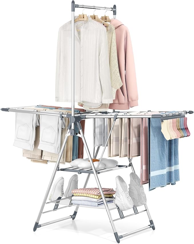 APEXCHASER Clothes Drying Rack with High Hanger, Foldable 3-Level Drying Racks with Shoe Rack, Crossbar and Vertical Rod Laundry Stand with Adjustable Wings Grey