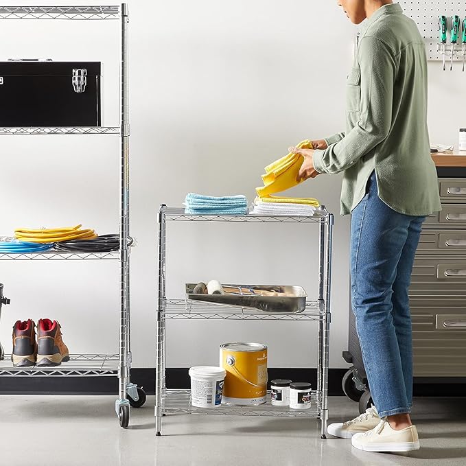 Amazon Basics 3-Shelf Adjustable Heavy Duty Steel Wire Shelving Rack with Chrome Finish, No-Tool Assembly, 250 lbs per Shelf, 23.2" L x 13.4" W x 30" H