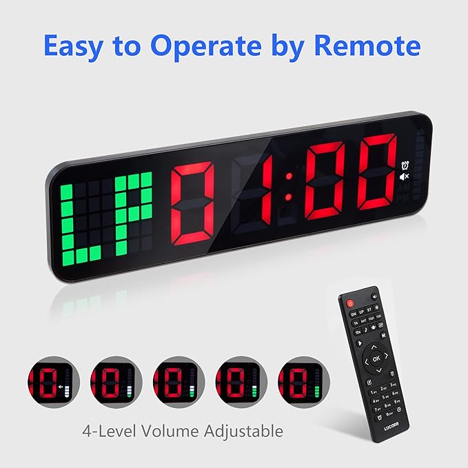 LUCORB Gym Timer - Large Digital Gym Clock Wall with Interval Time Progress Bar, Countdown/Up Stopwatch, Remote Control for Home Gym Garage Boxing Crossfit