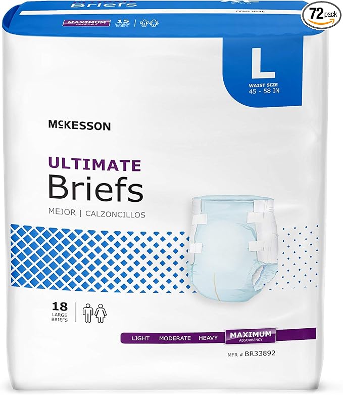 McKesson Ultimate Briefs, [72 Count], Size L, 45-58 in. Incontinence Adult Diapers with Tabs, Maximum Absorbency, Unisex, Disposable, Elastic Leg Gathers and Contoured Fit for Men and Women