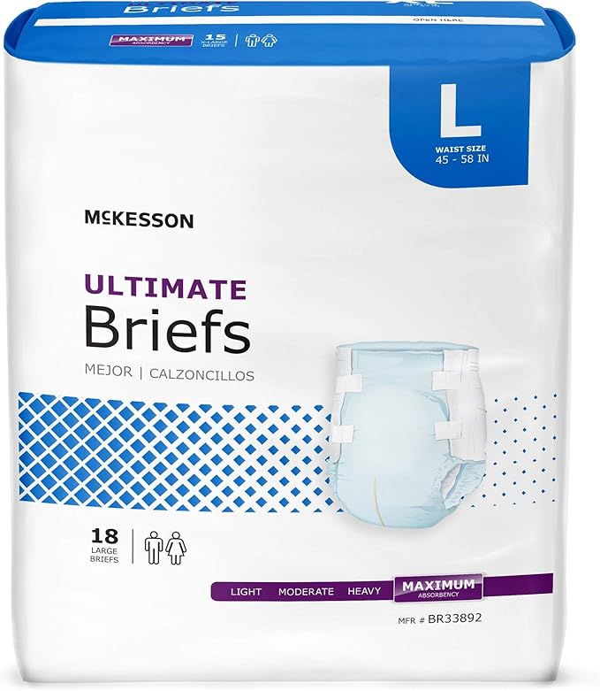McKesson Ultimate Briefs, [72 Count], Size L, 45-58 in. Incontinence Adult Diapers with Tabs, Maximum Absorbency, Unisex, Disposable, Elastic Leg Gathers and Contoured Fit for Men and Women