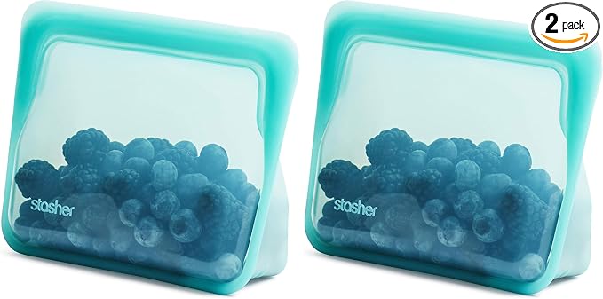 Stasher Premium Reusable Silicone Stand-Up Mini Bags, 2-Pack, Aqua, 28 oz | Food-Safe Silicone, Eco-Friendly, Reusable Freezer Bags, Microwave, Dishwasher, Pantry, Meal Prep, Travel Bag, Bulk Storage