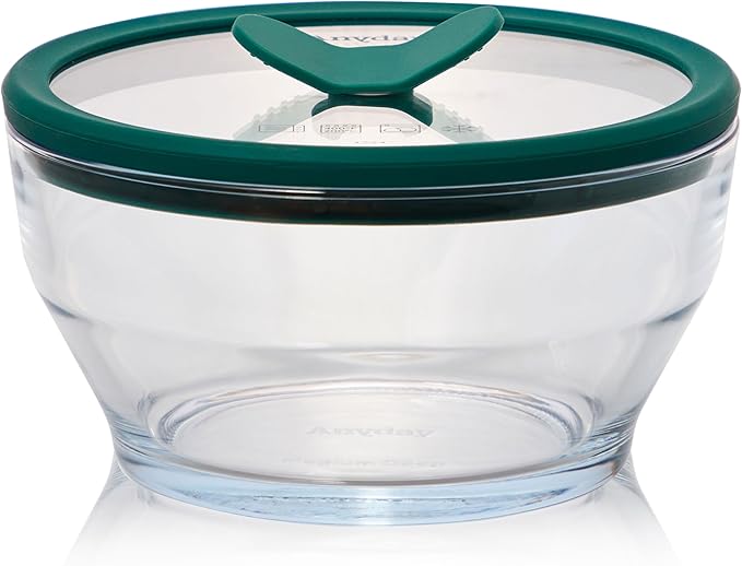 Anyday 4-Cup Glass Food Storage with Lid (Clear Kale) | Round Deep Dish, Plastic-Free Meal Prep, Microwave-Safe Reheating, Stackable Airtight Container, Vented Lid