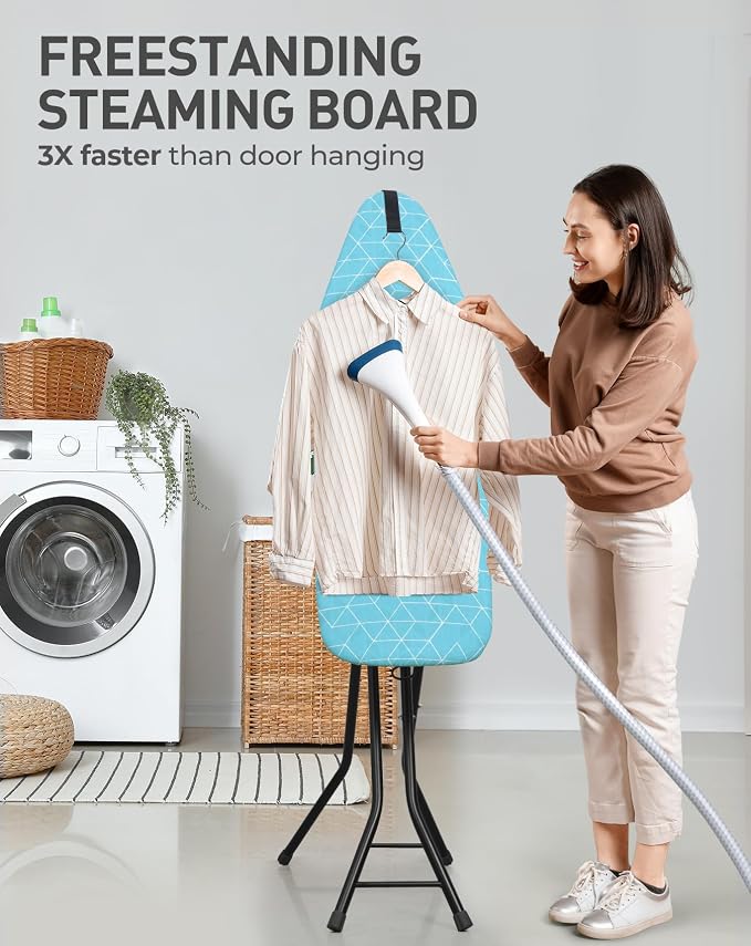 LyriFine Ironing Board, 2-in-1 Ironing and Steaming Board, 14″ x 43″ | Sturdy Steel Frame Iron Board with Non-Slip Feet, Heat Resistant Cover Iron Board, Foldable Ironing Board with Hook, Green